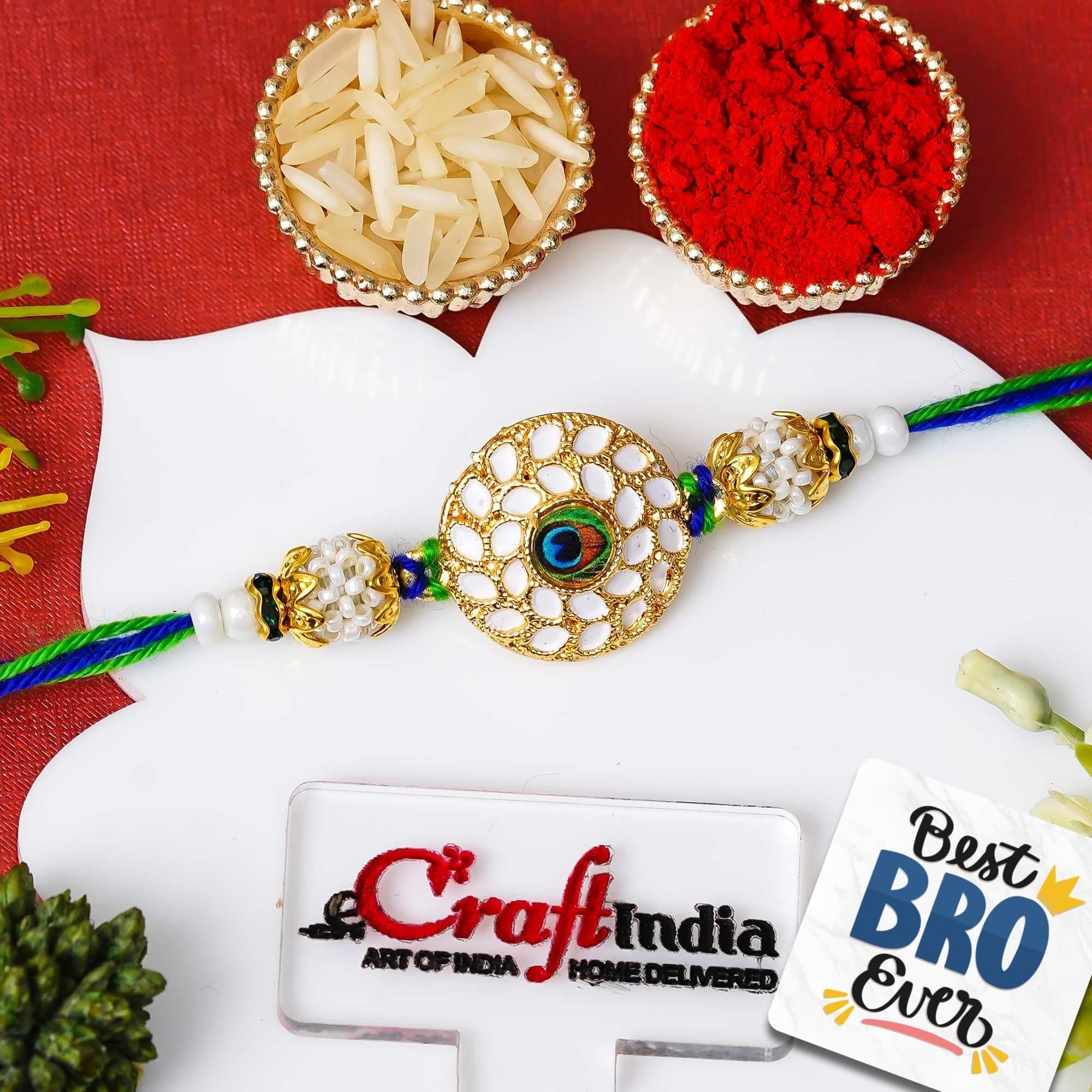eCraftIndia Colorful Peacock Feather Pearls Designer Rakhi for Brother