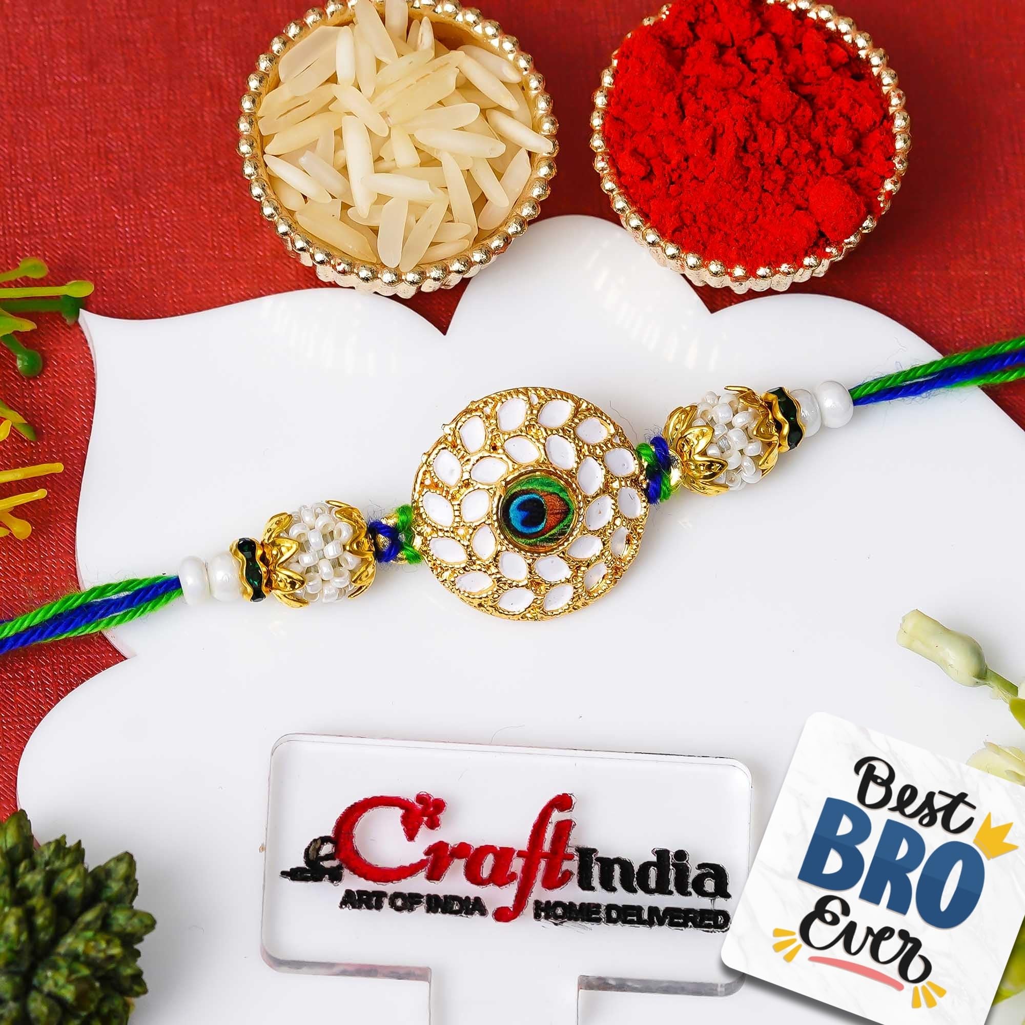 eCraftIndia Colorful Peacock Feather Pearls Designer Rakhi for Brother