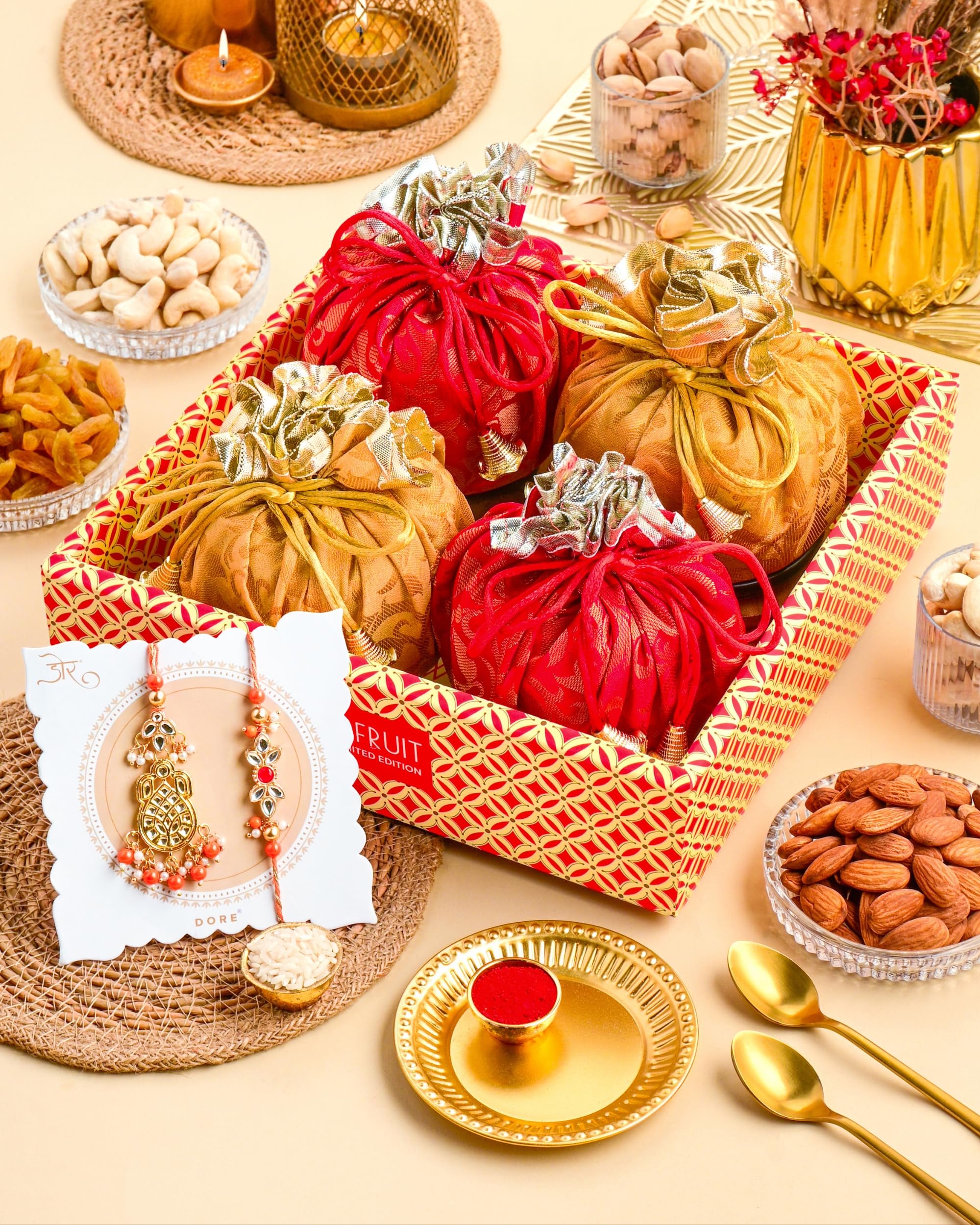Hyperfoods® Rakhi Set for Brother and Bhabhi Rawfruit's Handcrafted Potli Pack